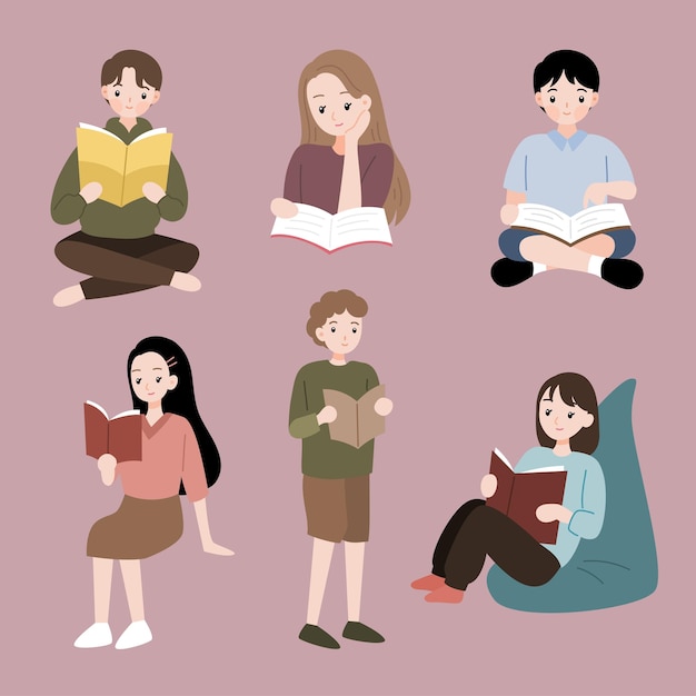 collection of people reading vector flat illustration