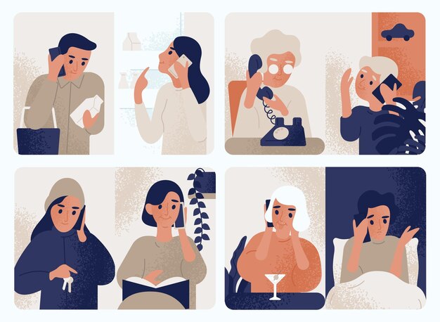 Collection of people talking on mobile phone. Bundle of men and women communicating through smartphone. Set of telephone conversations or dialogues. Colored vector illustration in modern flat style.