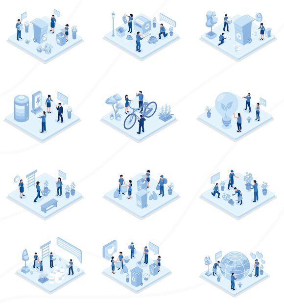 Vector a collection of people with different icons including a man and a woman in a suit