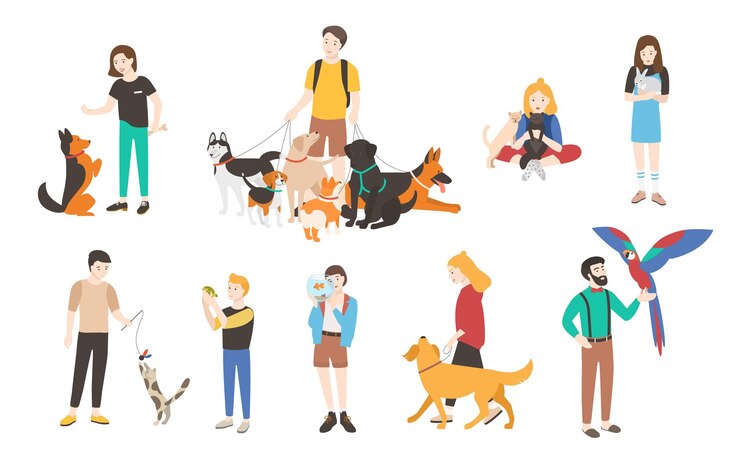 Vector 白い背景で隔離のペットを持つ人々のコレクション。彼らの家畜を保持している男性と女性のセット。男性と女性のフラットな漫画のキャラクターのバンドル。カラフルなベクトルイラスト。