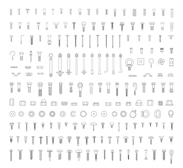 Vector collection of perfectly linear icons of fasteners and screws.