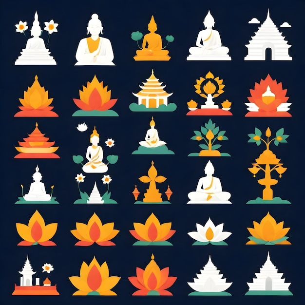 Vector a collection of pictures of buddhas and trees