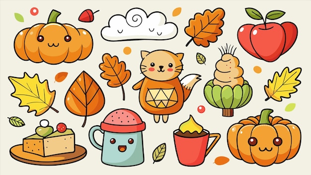 Vector a collection of pictures with a cat and autumn leaves