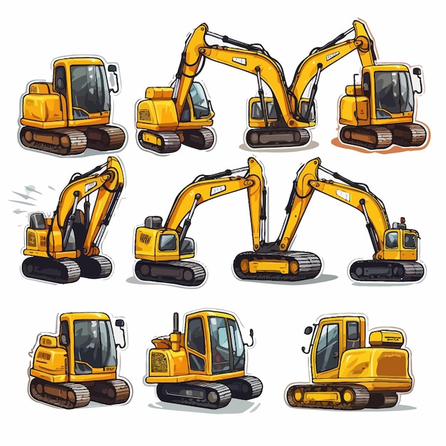 a collection of pictures of a yellow excavator.