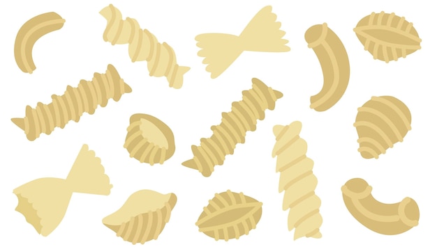 Collection pieces of Italian pasta different shape Food image Ingredients for national cuisine Flat style in vector illustration Isolated on white background elements