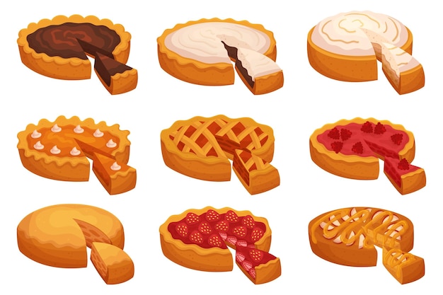 Collection Of Pies With A Portion Sliced Out Revealing Their Delicious Flavorful Filling Cartoon Vector Illustration