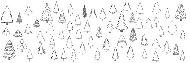 Collection of pine tree in doodle style Hand drawn fir tree isolated on white background Outline