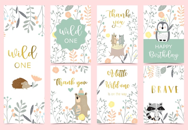 Vector collection of pink boho cards set with bear, jungle,penguin,hedgehog .