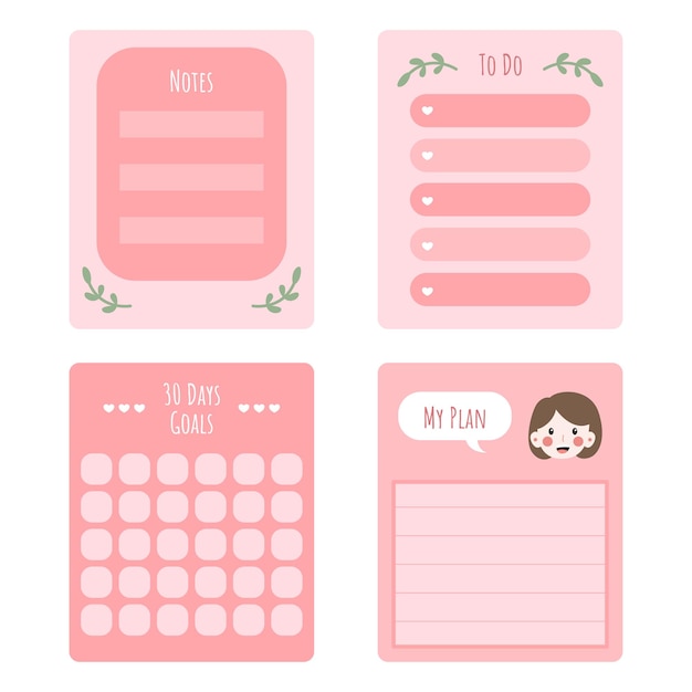 Vector collection of pink printable notepad planner