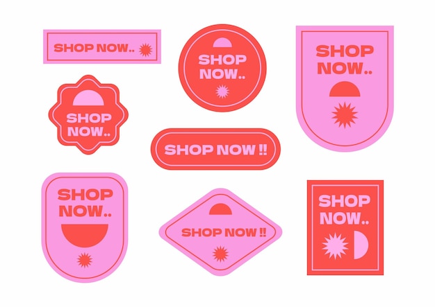 Vector a collection of pink stickers that say shop now cool trendy shopping stickers pack