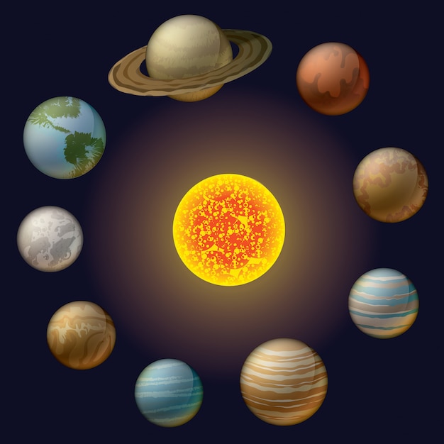 Collection of planets of the solar system. Set of stylized planets.