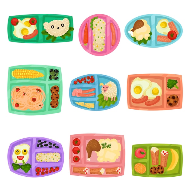 Collection of plastic lunch boxes with tasty food Containers with appetizing meal Mashed potatoes fried eggs rice fruits and vegetables Cartoon style illustrations Isolated flat vector design