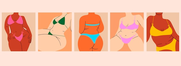 Una collezione di donne grassocce plus size donne in costume da bagno nudo illustrazione vettoriale