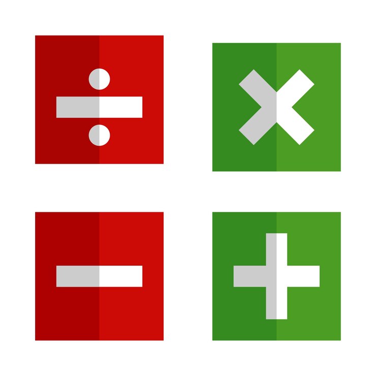 Vector collection of plus minus times and divide signs with a red and green square background