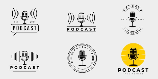 Collection podcast company vintage badge logo template vector illustration design. simple hipster microphone, radio, music, on air logo concept