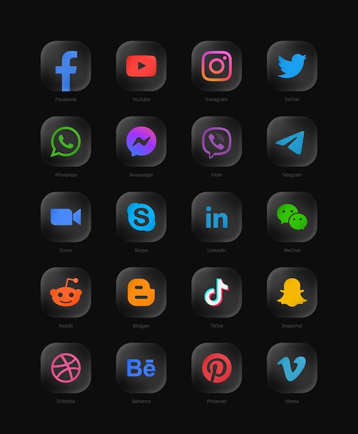 Collection Of Popular Social Media Network Modern  Rounded Black Glass Web Icons