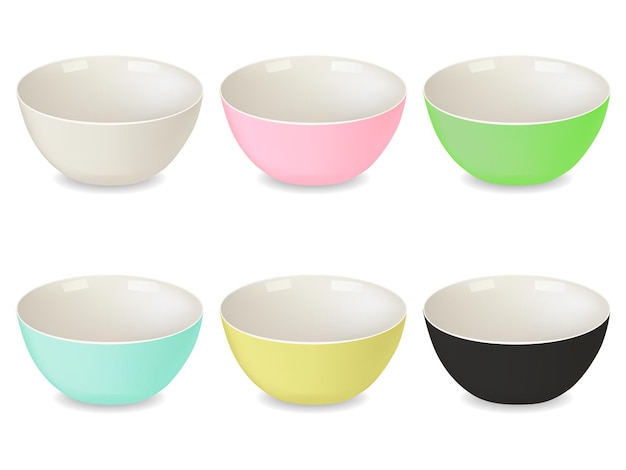 Collection of porcelain plates of different colors. White, green, pink, yellow, blue, black. A set of isolated objects. Realistic style. Vector illustration.