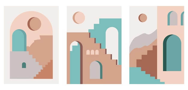 A collection of posters of abstract minimalist architecture with abstract buildings with arched doorways