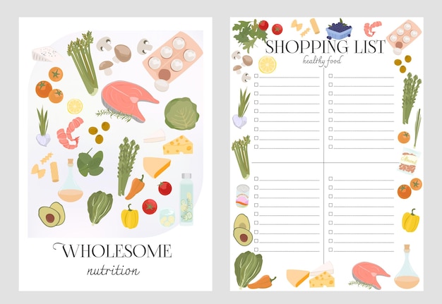 Vector collection posters of wholesome food and shopping list for healthy food. helthy nutrition.