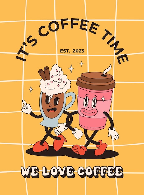 Collection of posters with cute cartoon characters of coffee takeaway and pastries donut chocolate chip cookie ice cream and cupcake Desserts food and drink in retro groovy style