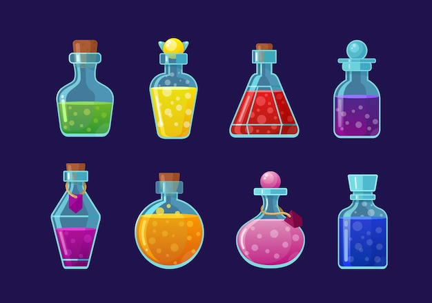 Vector collection of potions isolated on blue