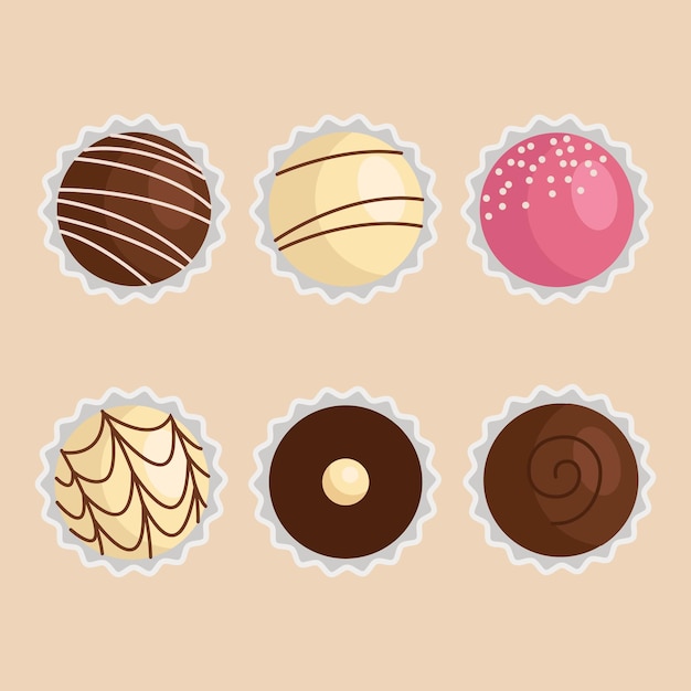Collezione di cioccolatini praline illustrazione a colori vettoriale set di icone di caramelle