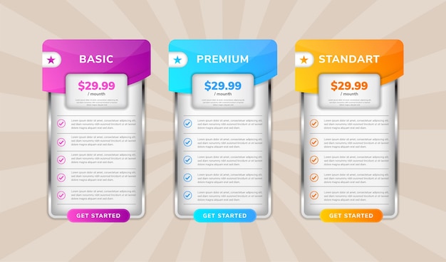 Collection of pricing plans. hosting table banner