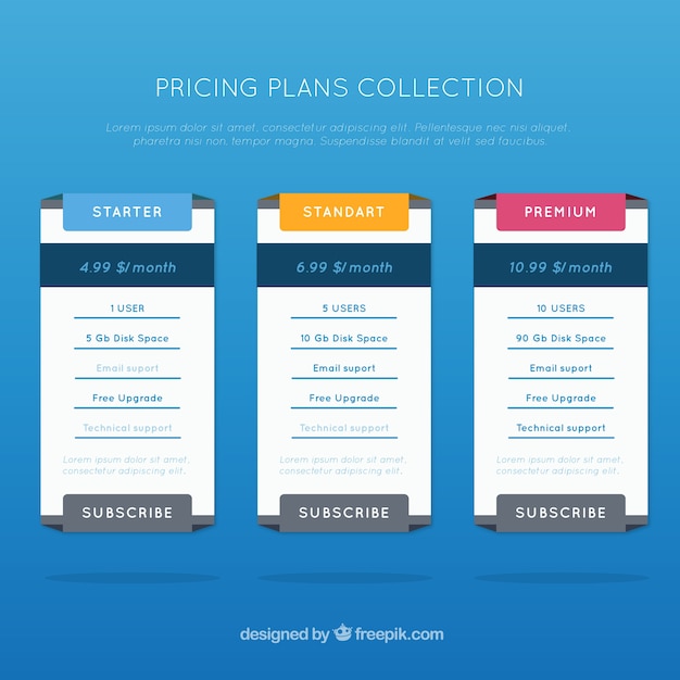 Vector collection of pricing plans tables