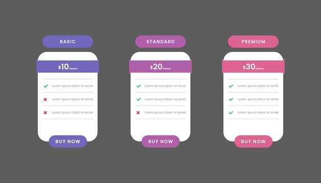 Collection of pricing table template design with three table Pricing table infographic