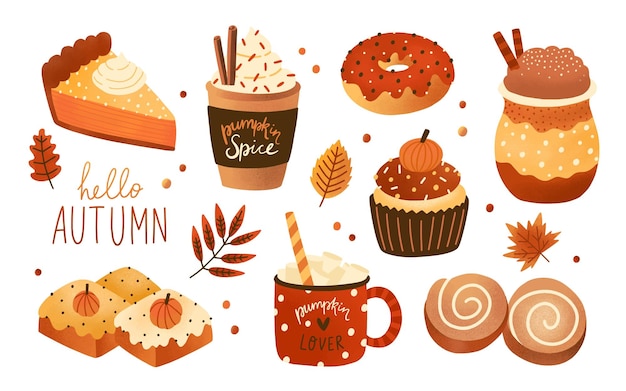 collection of pumpkin spice seasonal flavored products, food and drinks isolated on white background. bundle of autumn delicious sweet desserts or pastry. modern colorful vector illustration.