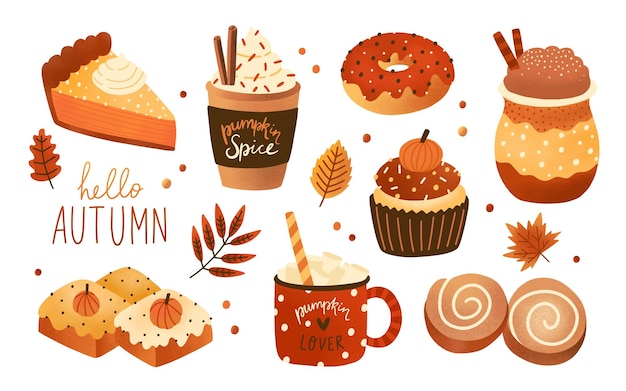 Collection of pumpkin spice seasonal flavored products, food and drinks isolated on white background. Bundle of autumn delicious sweet desserts or pastry. Modern colorful vector illustration.