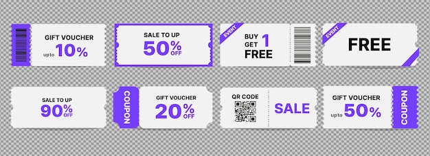 Collection of purple coupons vector barcode qr code voucher ticket couponbook coupon set