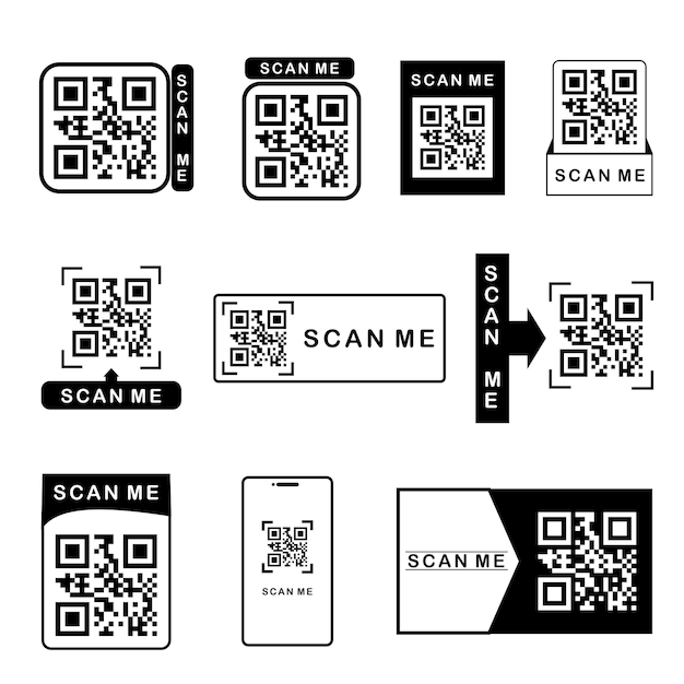 Collection of QR Code Icons with Scan Me Prompts