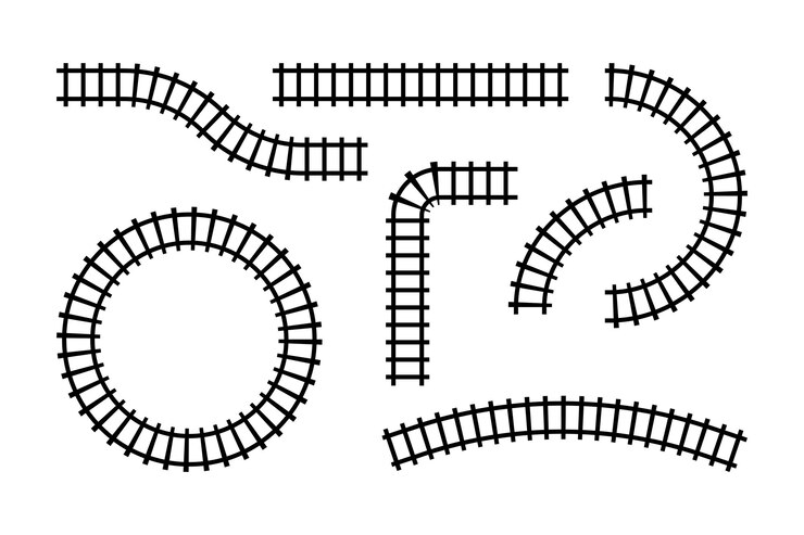 Vector collection of railroad segments rail road elements top view train track straight and waved lines isolated on white background vector illustration