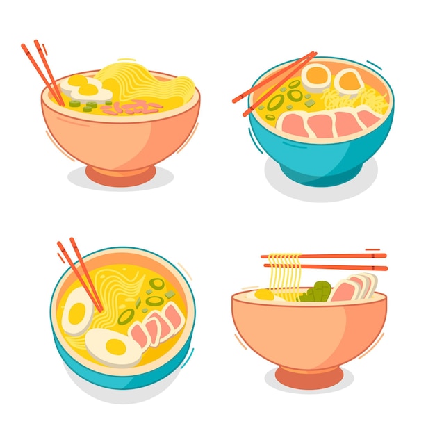 Collection of ramen soup in bowls