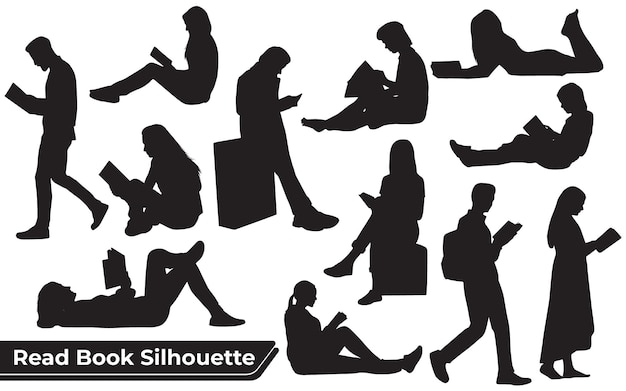 Vector collection of read book silhouettes in different poses