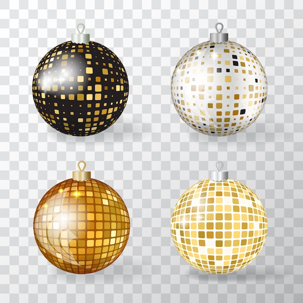 Vector collection of realistic 3d christmas balls with golden mosaic ornament. set of discoball xmas baubles or new year decoration ball elements