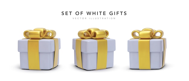 Collection of realistic close white gifts with gold ribbons with shadow isolated on white background Vector illustration