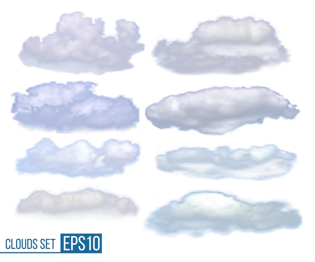 Collection of realistic clouds isolated on white background  Vector illustration