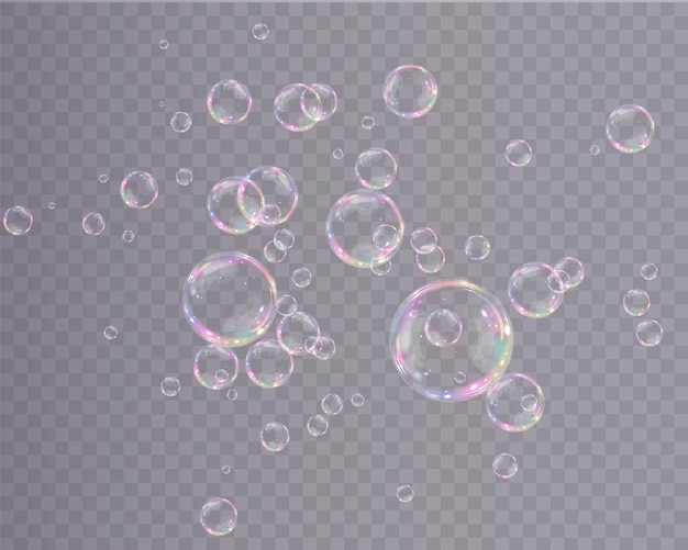 Collection of realistic soap bubbles bubbles are located on a transparent background