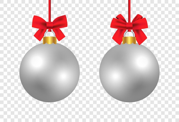 Vector collection of realistic vector silver christmas balls with red satin bows, transparent background.