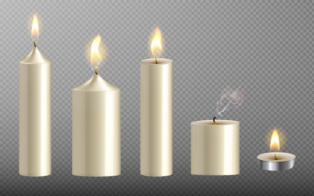 Collection of realistic white candles with fire on transparent background for christmas and new year