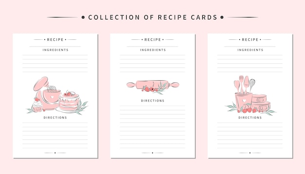 Collection of recipe card templates. clean pages of the cookbook are decorated mixer,  kitchen tools