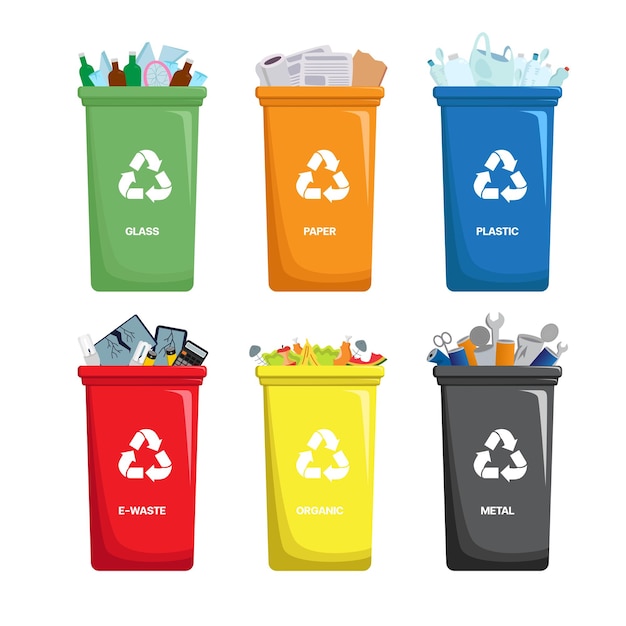 collection recycle bin trash separated by type and color illustration design