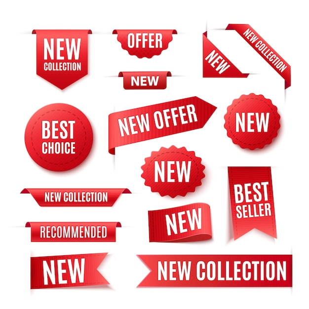 Collection Of Red Promo Badges Or Labels Isolated On White Background. Vector Ribbon Banners Set