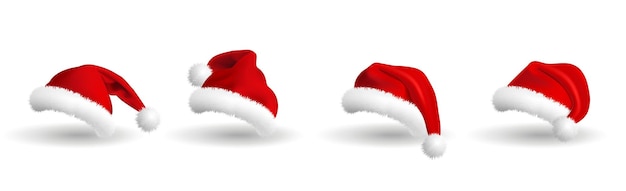 Collection of Red Santa Claus Hats isolated on white background. Set. Vector Realistic Illustration.