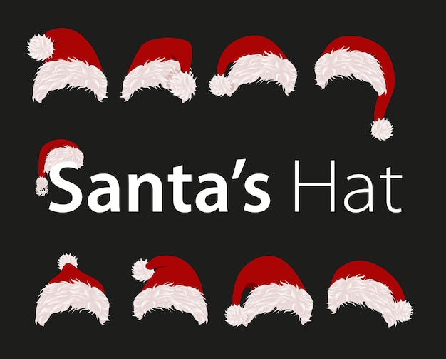 Collection of red santa hats vector illustration new year accessory on black background isolated