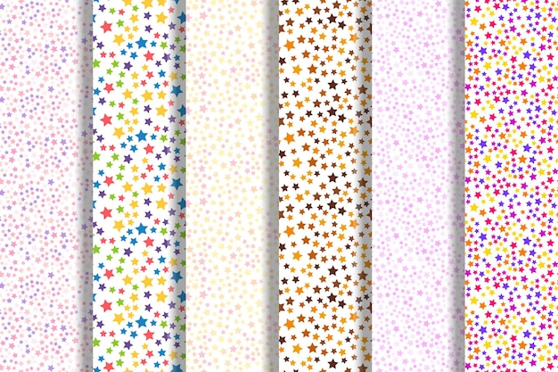 Collection of repeating seamless patterns of various multicolored stars on white background