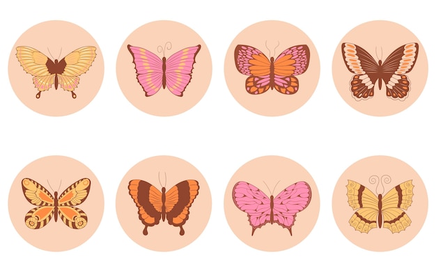 Collection of retro butterfly stickers with vintage colors in the shape of a circle in the hippie style 1970