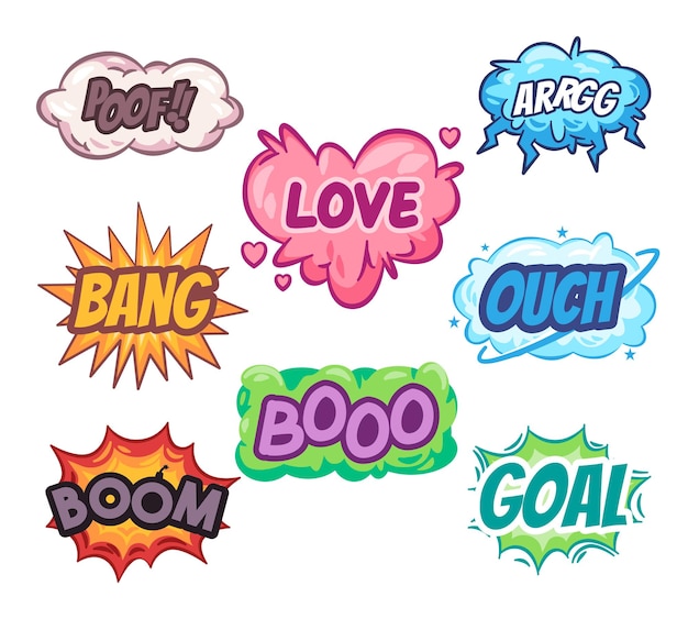 Collection of retro comical text cartoon dialog message bubble design graphic element colorful